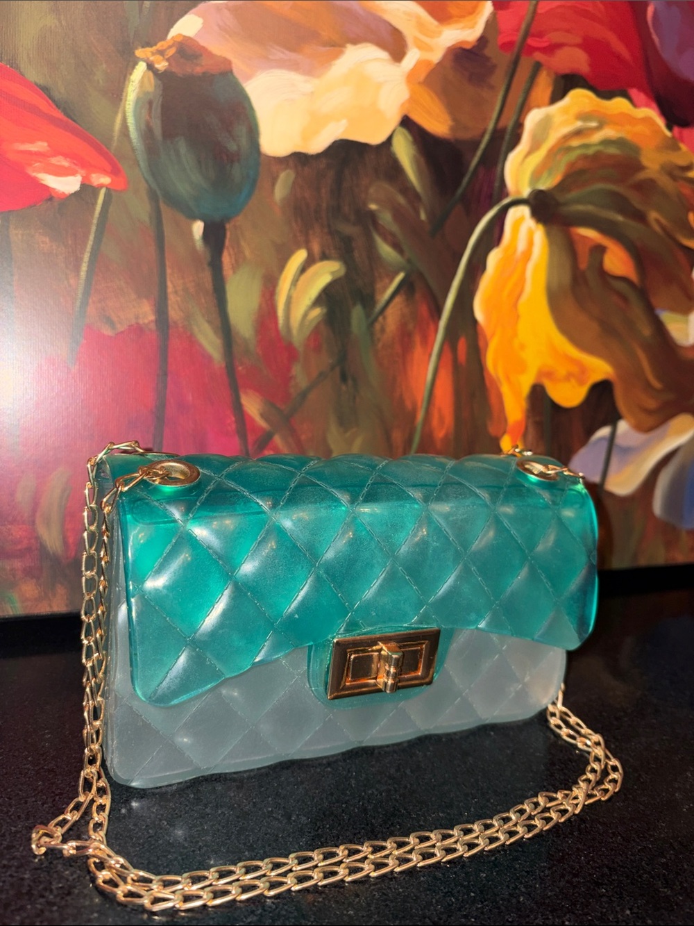 Teal Gradient Quilted Crossbody Bag with Gold Chain